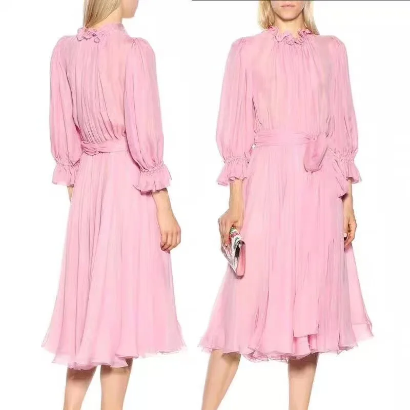 

2019 New Ruffled Lace Pink Dresses 1 Colour 3 Sizes Women Clothes