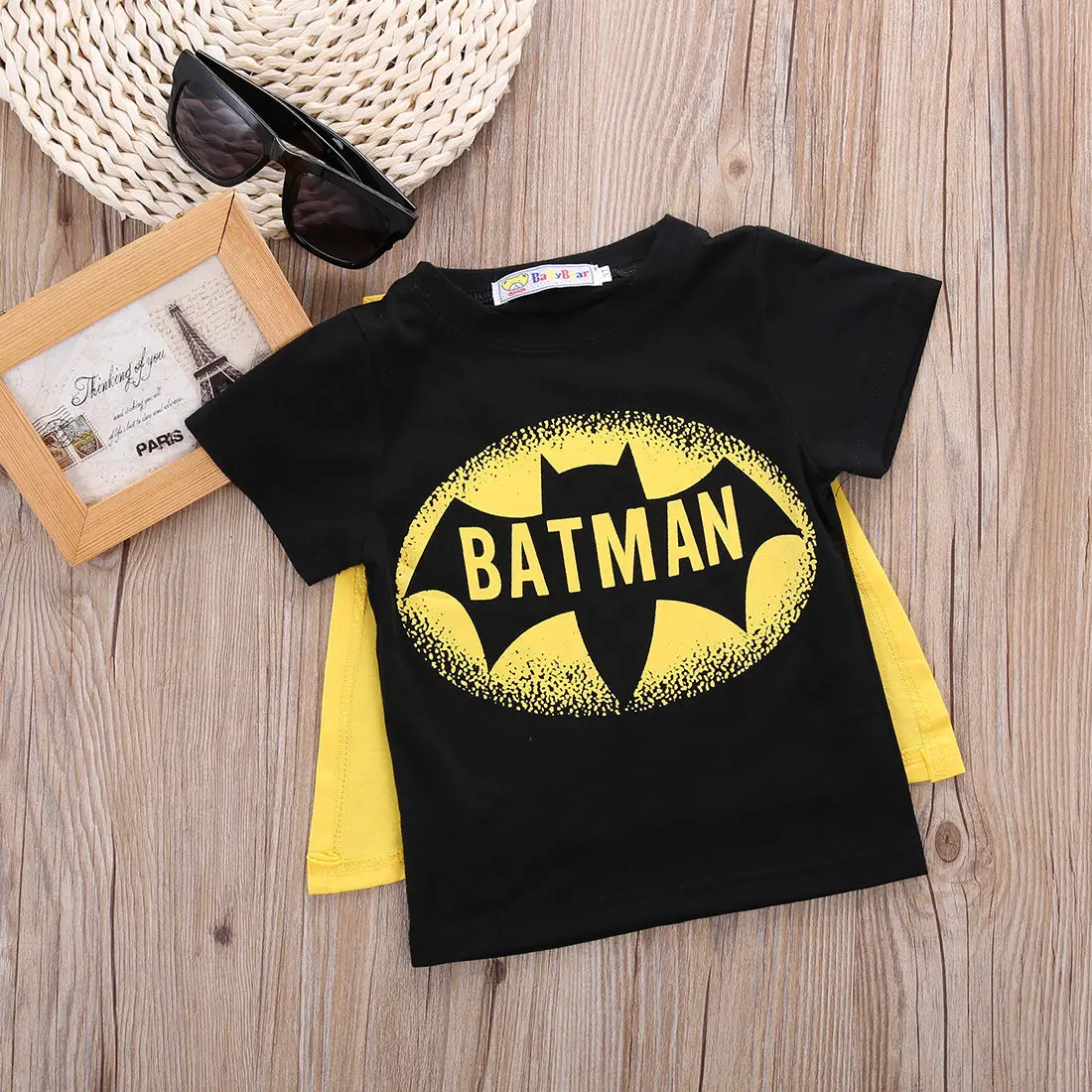 Дети для мальчиков короткий рукав с рисунком Супермена футболка Batmen футболки, костюмы, одежда комплект одежды для маленьких мальчиков; комплект одежды для мальчиков - Цвет: Черный