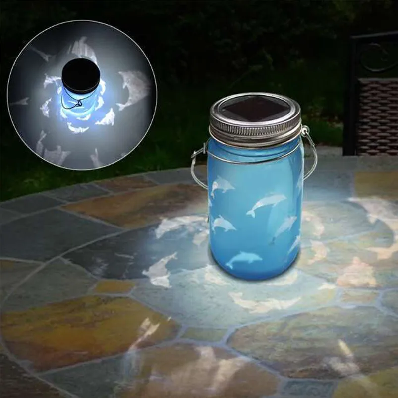 Hand Etched Garland Light Dolphins Solar Mason Jar Light Bottle Projection Nightlight Patio Outdoor Luces Led Decoracion 40JUL0109
