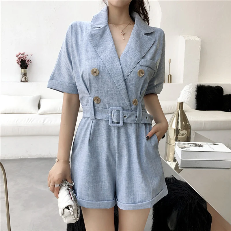 

Pure Color Bandage Vintage Short Jumpsuit Romper Women Notched Collar Short Sleeve Summer Bodysuit 2018 Playsuit with Belt