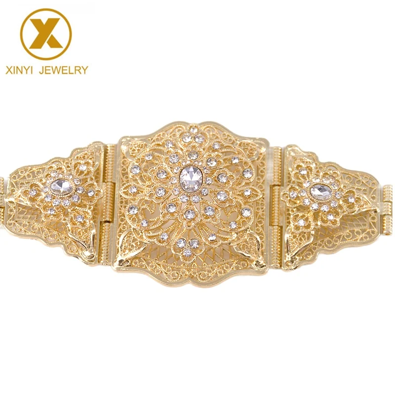 

Traditional Moroccan chic girdle straps offer women luxury gold-plated bride belts with hollowed-out metal