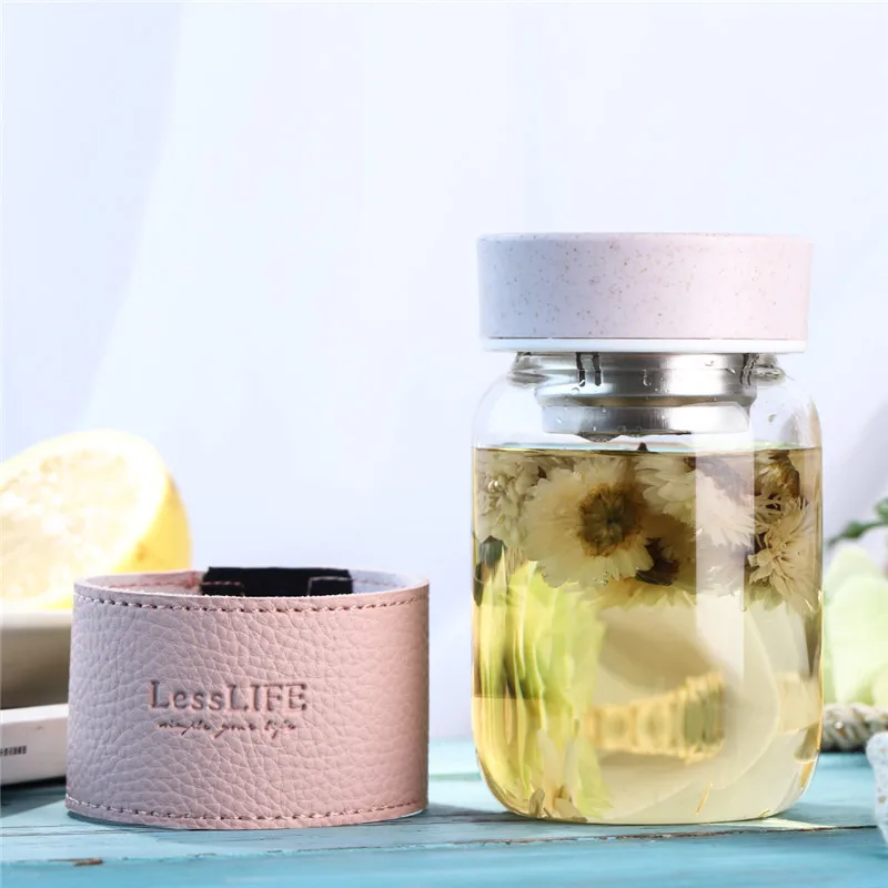 

360ML Glass Water Cup LessLife High borosilicate Glass Water Bottle With Tea Partition Lid Drinkware For Office Home Cute Mugs