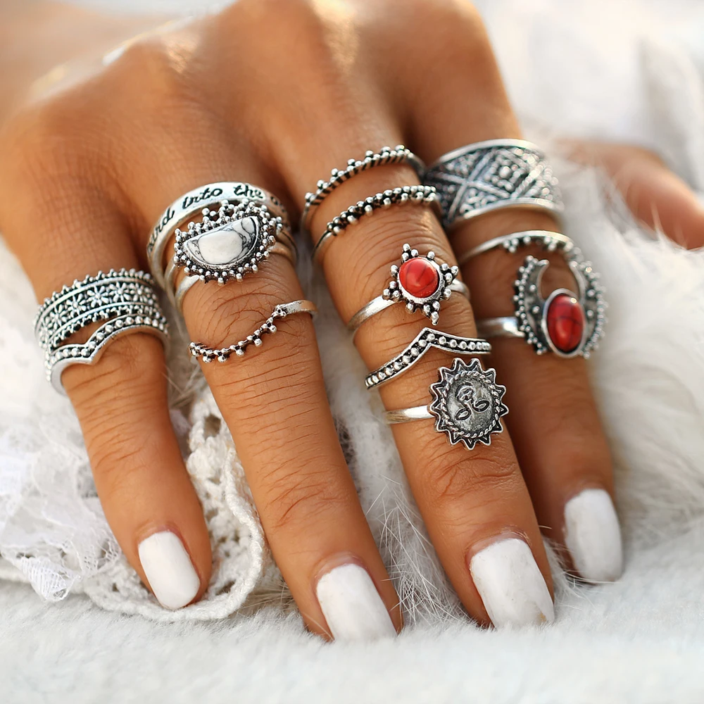 IF ME Vintage Bohemian Midi Finger Rings Set for Women Moon Sun Ethnic Red Natural Stone Knuckle Rings Jewelry Gift 14pcs set