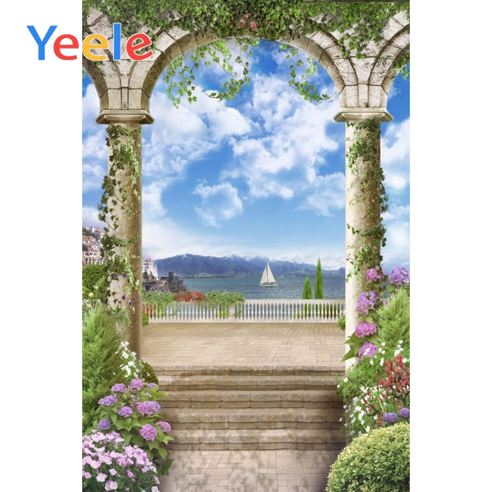

Yeele Natural Backdrops Old Arch Door Vine Spring Flowers Blue Sky Mountain Sea Scene Photo Backgrounds Photocall Photo studio