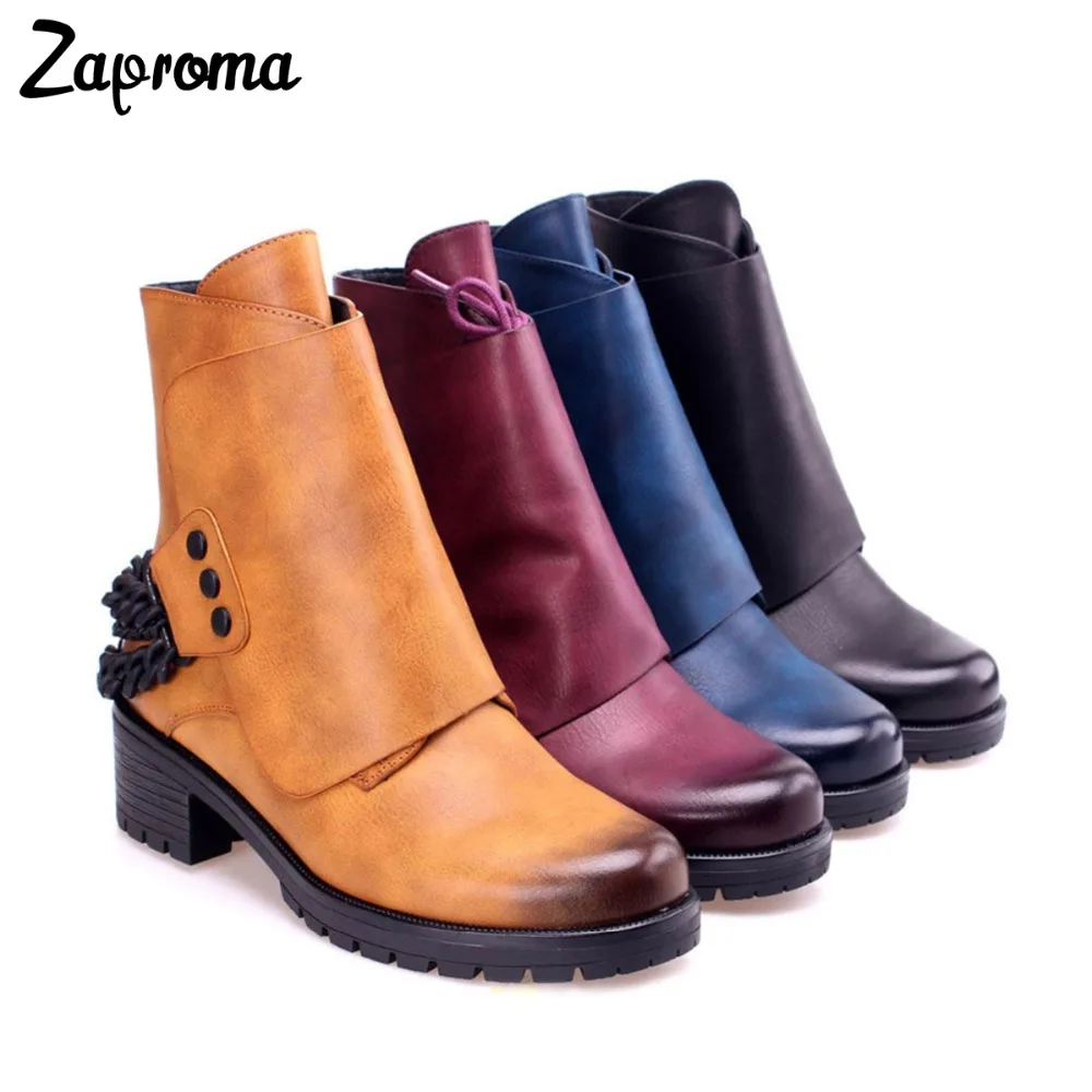 

2018 Western Boots Women Chain Square Heel Brown Ankle Boots Lace Up Rivet Fleeces Round Toe Punk Shoe Med Heel Autumn Winter