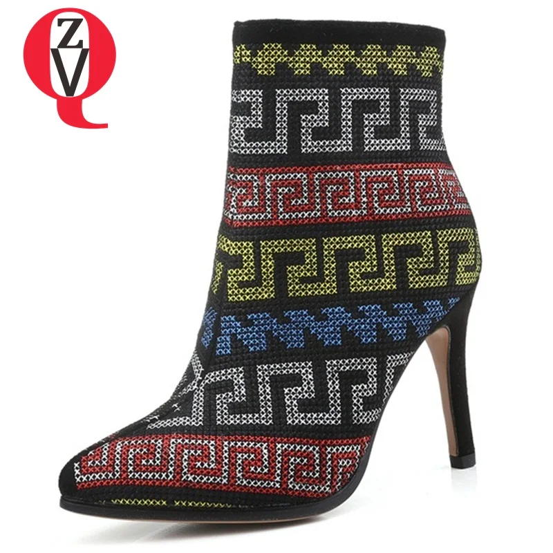

ZVQ ankle boots ethnic style zip cross-stitch decorative design popular autumn new thin super heels pointed toe 2018 women boots