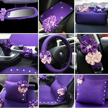 Tampa Da Roda de Direcção Do Carro de Seda Gelo Flor roxa Encosto de cabeça do Carro Pescoço Travesseiro Cintura de Diamante Universal Car Styling de Moda Das Mulheres