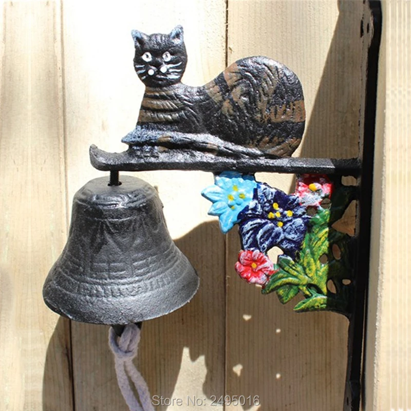 Outdoor Cast Iron Large Wall Mounted Door Bell with Cat Decor Garden