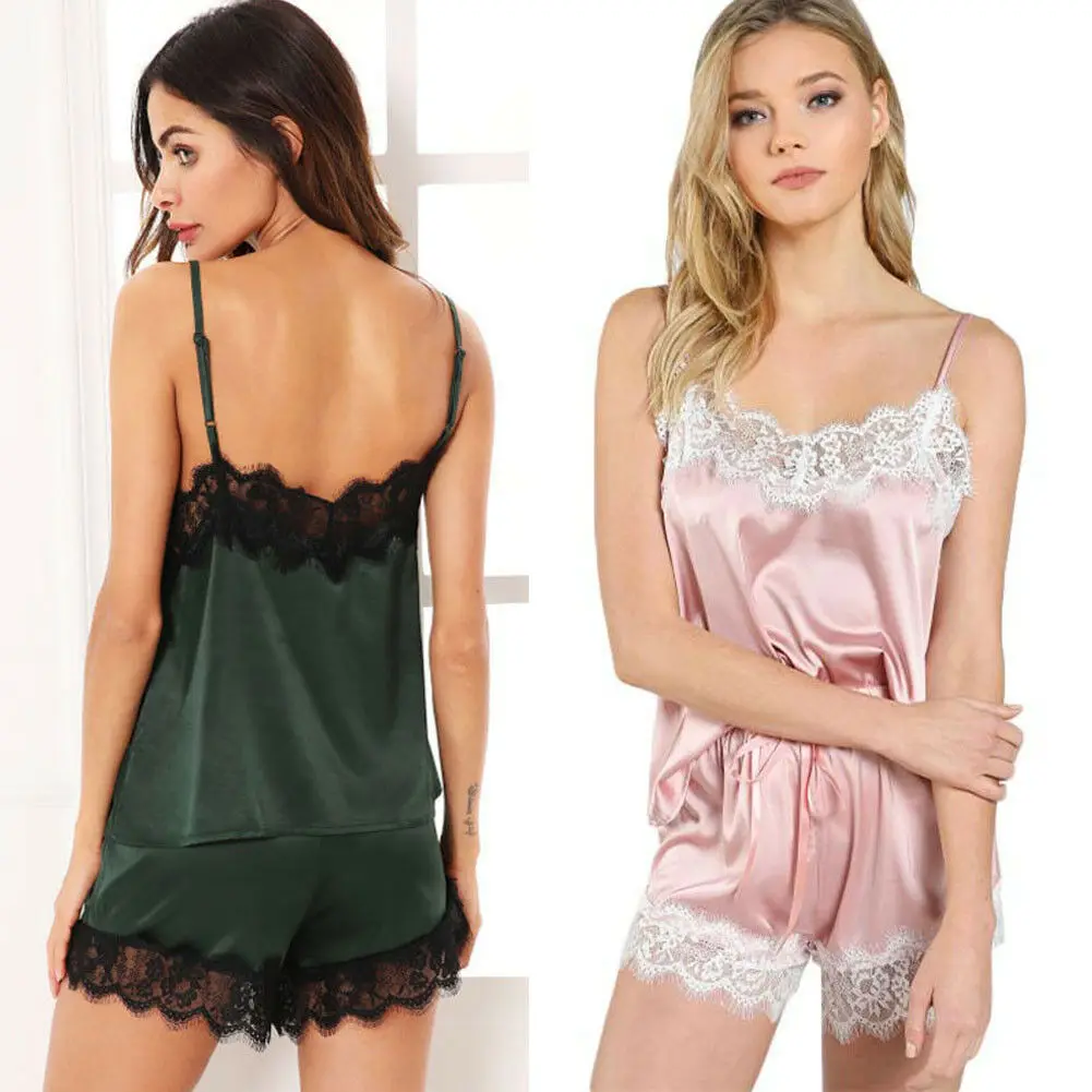 

2019 Brand New Summer Women Ladies Sexy Lace Satin Lingerie Smooth Silk-like Nightwear Sleepwear Pajama Set Pink Green