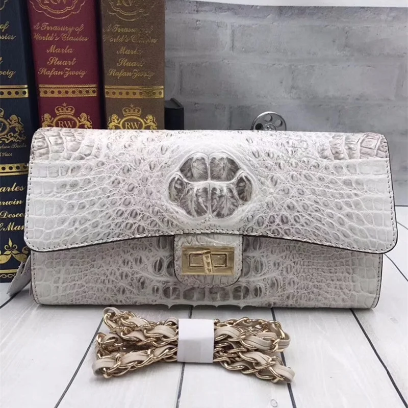 

Fashion Designer 100% Genuine Crocodile Skin Leather Women Flap Bag Envelop Purse Ladies White Sling Bag Shoulder Messenger Bag
