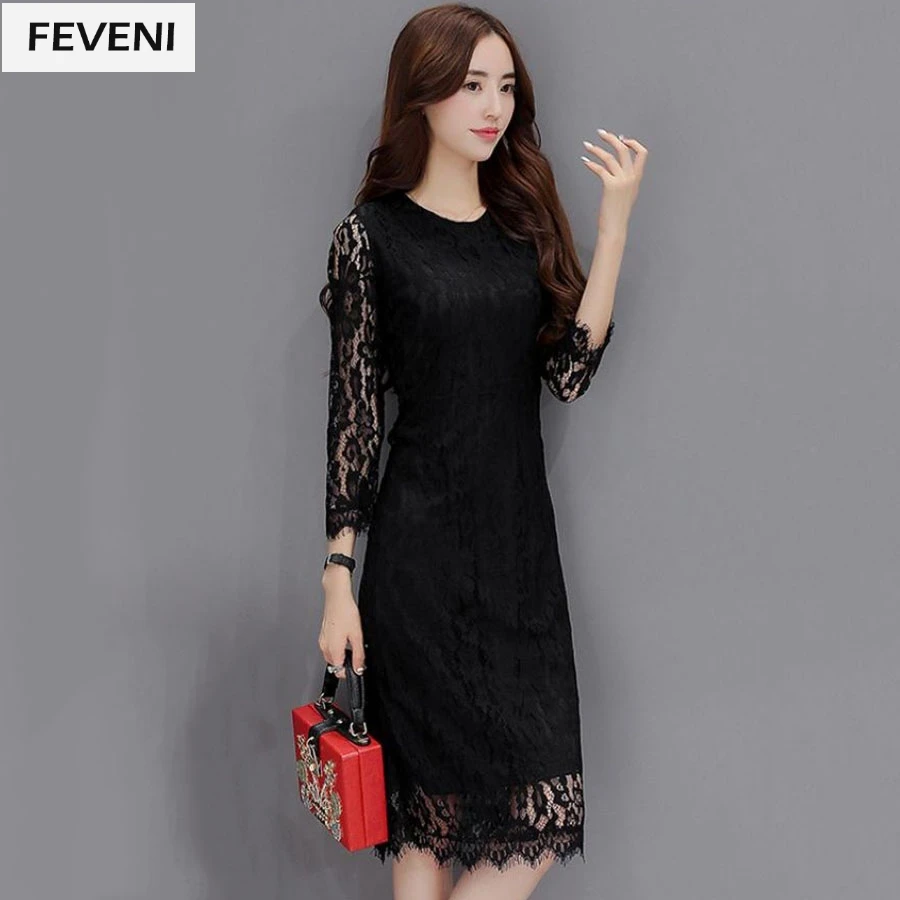 

2017 Women Autumn Slim 3/4 Sleeve O Neck Lace Dress Bottoming Winter Mid Calf Female Dress Official Wear Black Red White Y03073