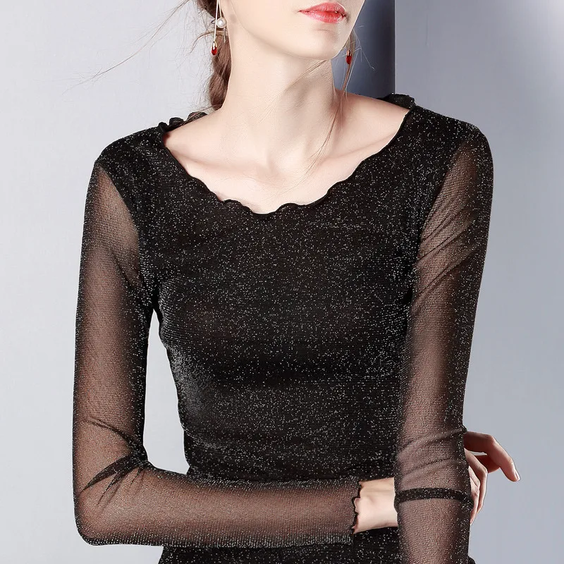 Женская Кружевная футболка с круглым вырезом и оборками на подоле|top t-shirt|basic shirtslim
