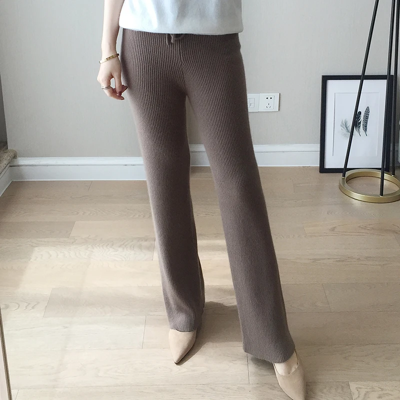 

Hot Spring Autumn Lady Casual Knit Cashmere Pants Full Length Fashion Lace-up High Waist Wool Pants With Pockets High Quality