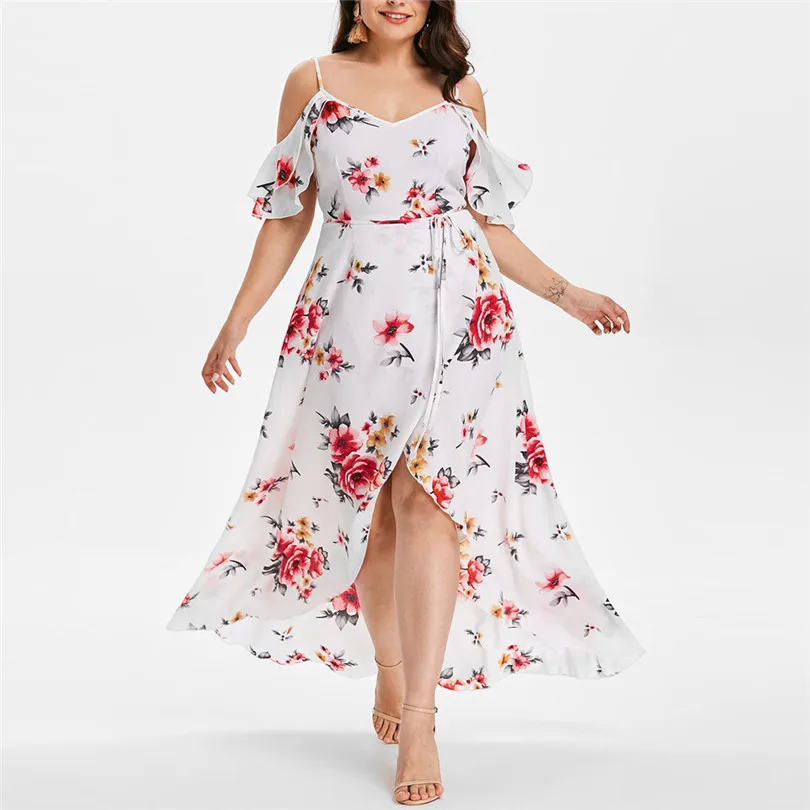   Plus Size Women Summer  Fashion  Casual Short Sleeve Cold Shoulder Boho Party Beach Flower Print Long Dress#4M11 (9)