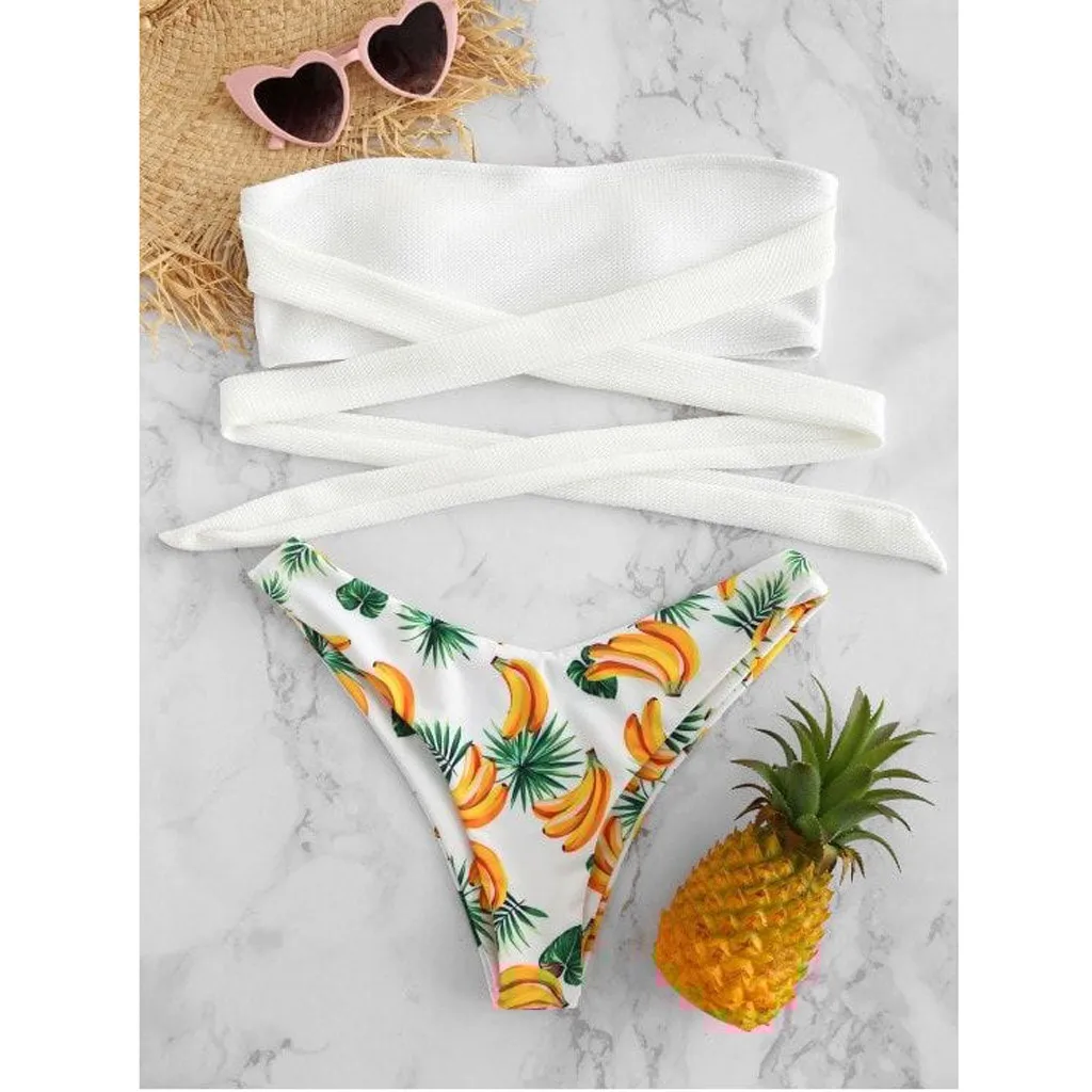 

CHAMSGEND Women Bikini Banana Hawaii Strap Backless Two-piece High Waist Tie Beach Summer 2019 New Fashion Two-piece Swimsuit