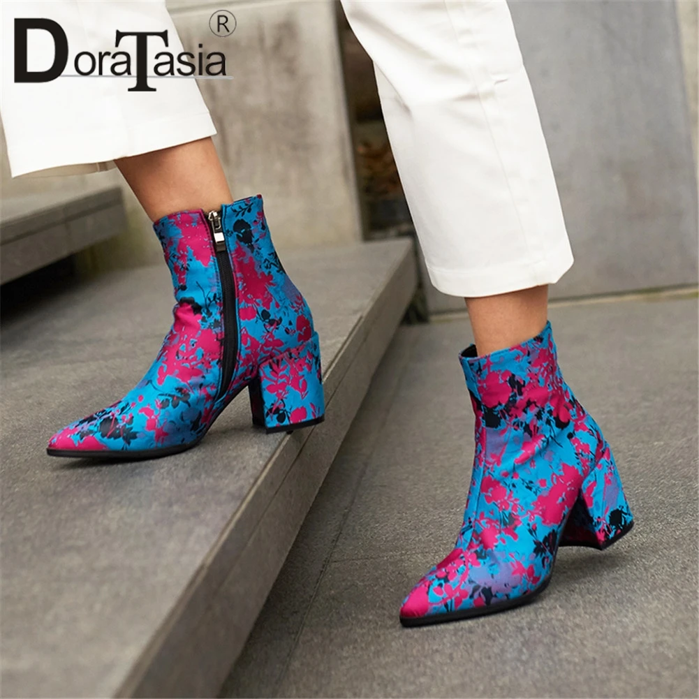 

DORATASIA Brand New Big Size 34-43 Pointed Toe Print Flowers Lady High Heels Shoes Woman Casual Party Ethnic Style Ankle Boots