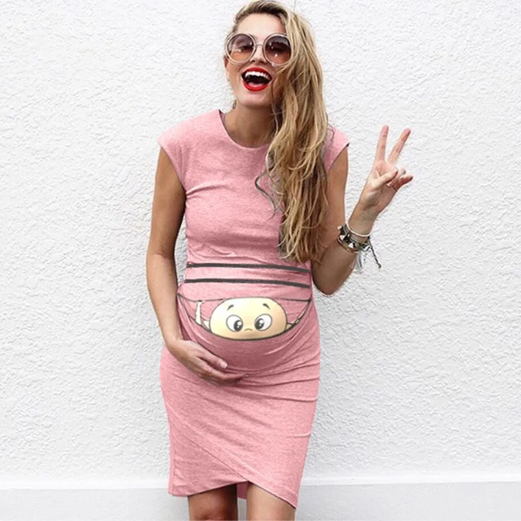 MUQGEW Maternity Dress Women Sleeveless Printed Pregnant Dress