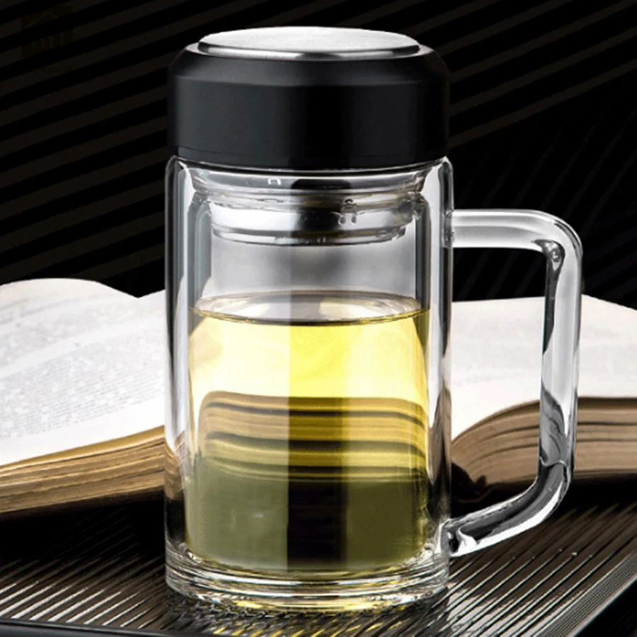 

Drinking Durable Double Layer Glass Cup Handle Transparent Tea Glasses Cups Lid Caneca Glassware Bottles Glass Products WKE058