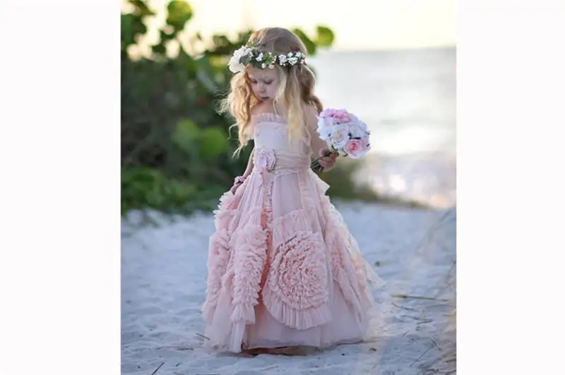 Пастельно-Розовые Платья с цветочным узором для девочек на свадьбу; коллекция года; детская праздничная одежда со складками и объемными цветами длинное пляжное Пышное Платье без рукавов для девочек