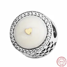 Серебряные бусины 925 пробы с 14 К золото драгоценное сердце белая эмаль прозрачный CZ DIY Fit PANDORA Подвески для изготовления ювелирных изделий FL553K
