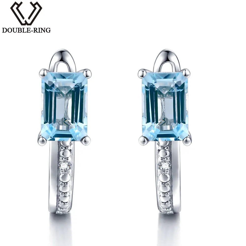 DOUBLE R Real Diamond Wedding Earrings Women 1 5ct Square Natural Stone Earrings Blue Topaz 925