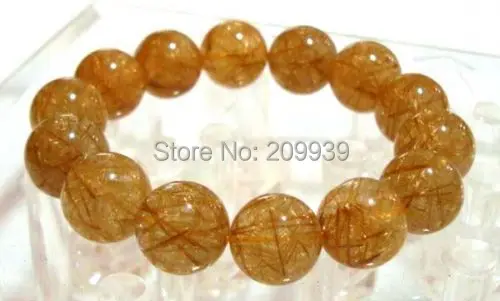 

huij 00710 Golden Rutilated Quartz Round Stretch Bracelet 15mm