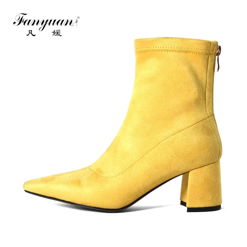 

fanyuan sheep suede ankle boots fashion pointed toe thick heel women boots high heel genuine leather lady boots plus size 33-43