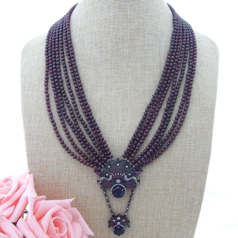 

H093009 21'' 7 Strands Garnet Necklace CZ Pendant