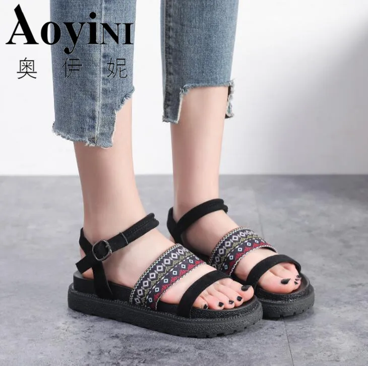 

2019 Summer Sandals Women Platform Flats Slip On Ankle Strap Solid Breathable Creepers Lady Daily Casual Shoes