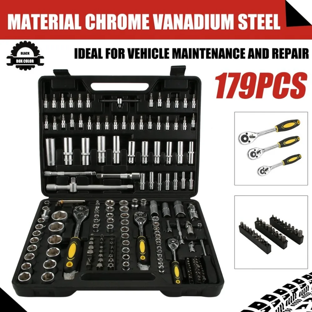 

Newest 179 PCS Ratchet Socket Wrench Tool With Carry Case Ratchet Driver Kit Universal Socket Set Professional Repair Tools