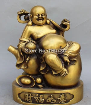 

002405 15" Chinese Copper Wealth Ru Yi cucurbit seat Happy Laugh Maitreya Buddha Statue