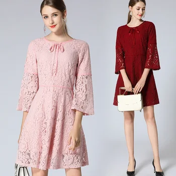 

2018Spring fashion Ladies flare sleeve cute Lace ball gown Dress pinched waist cultivating elegant party dress vestido M-5XL 4XL