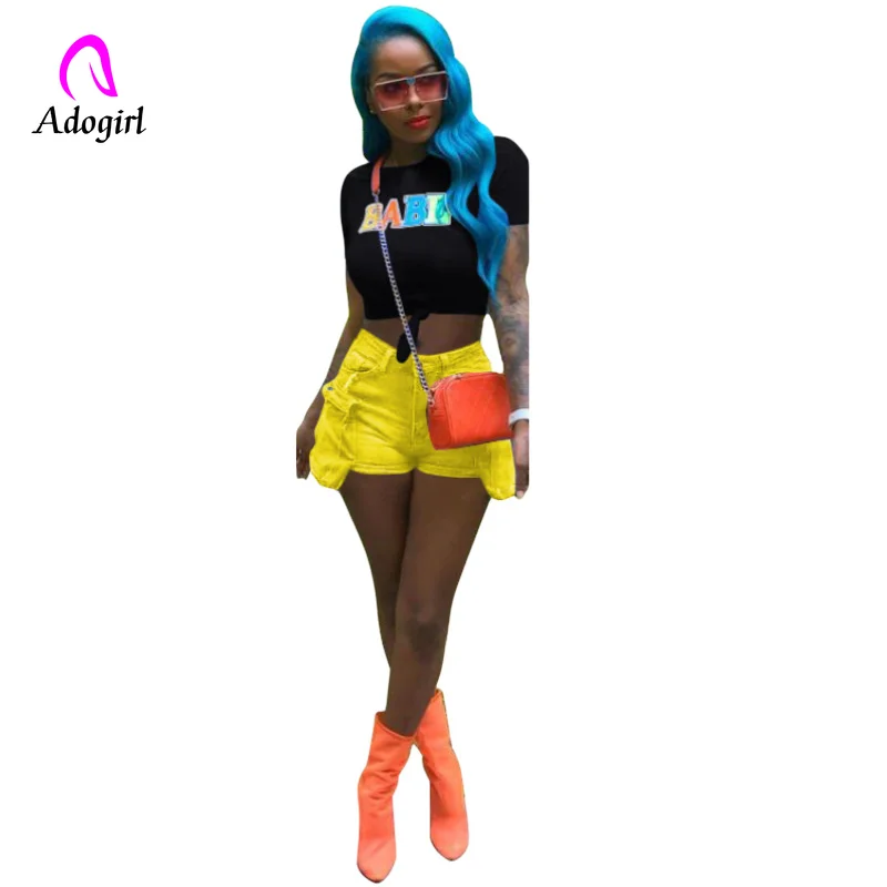 

Plus Size Women Casual Denim Shorts Women Elastic Short Jeans Summer Streetwear Neon Yellow Biker Shorts Women Pocket Cargo Pant