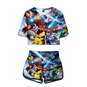 

Pokemon Printed Women two piece set New game Oversize Navel short sleeve and Pokemo Short Pants O-neck Summer Set