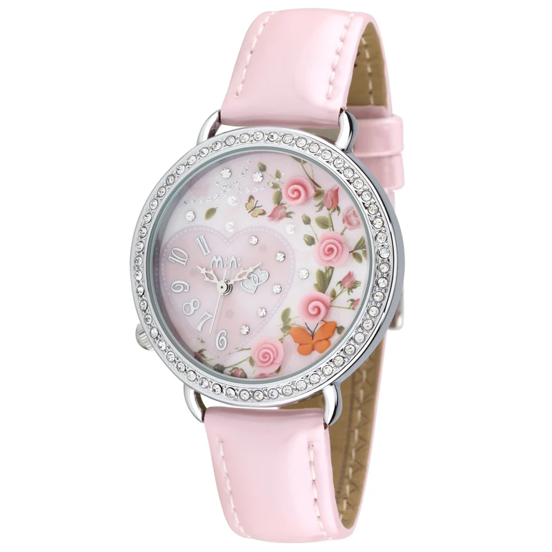 

MINI World 2016 Spring Element Girls Cute Clay Butterfly Flowers Watches Sparkly Crystals Real Leather Quartz Wristwatch  NW7038