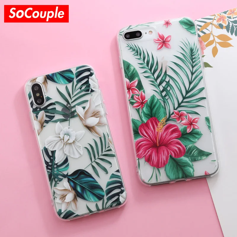 

SoCouple TPU Phone Case For iphone 7 For iphone 6 6s 7 8 Plus X Xs max XR Plants Flower Floral Leaves Pattern Back Cover