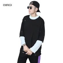 Men High Street Loose Hip Hop Oversize Short Sleeve Sweater Fashion Hole Knitwear Pullovers Sweater