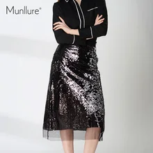 Munllure Летняя женская юбка Сексуальная с высокой талией, из лоскутов Юбка Повседневная с аппликацией прямая Черная Женская юбка