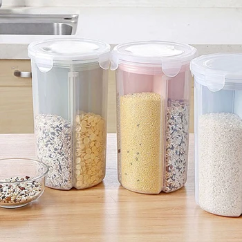 

Rice Beans Storager Jar With Seal Cover 4 Lattices Refrigerator Food Preservation Container Plastic Storage Box Kitchen