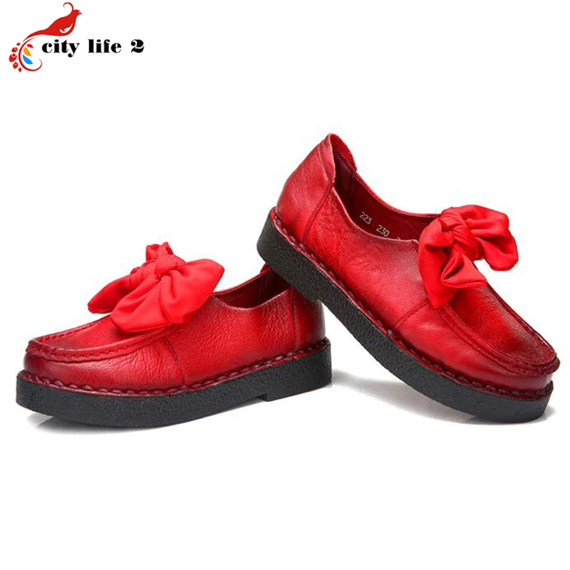 Cowhide Genuine Leather Leisure Shoes Soft Bottom Shoes Bow Flat With Casual Mother Shoes font b