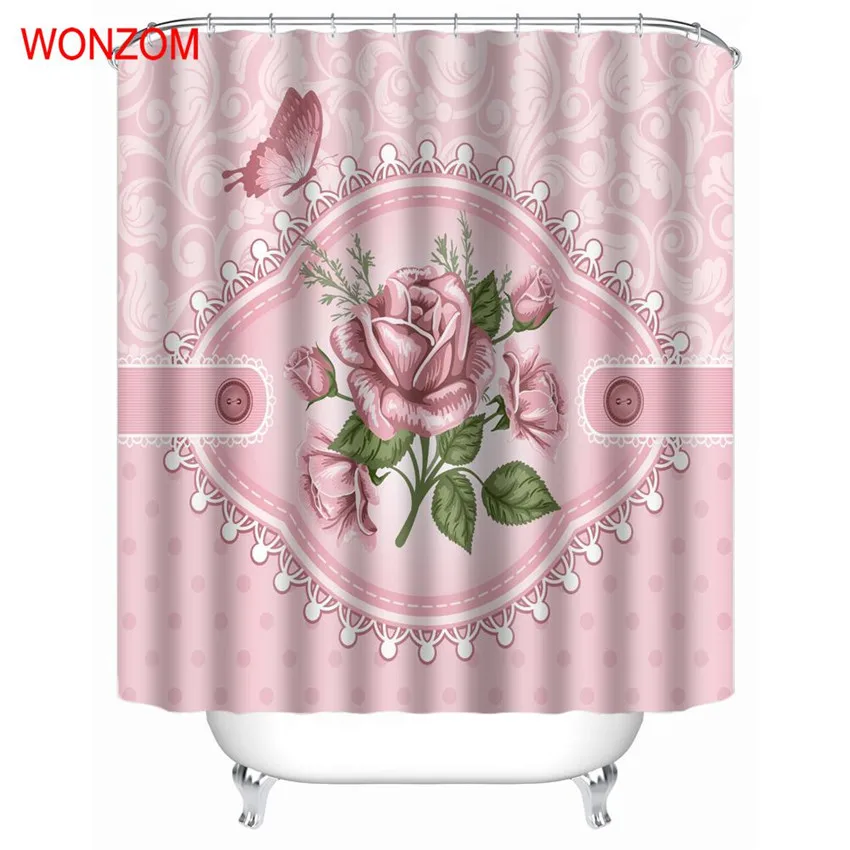 

WONZOM Pink Rose Shower Bathroom Waterproof Accessories Curtains For Decor Modern Pink Flower Bath Curtain with 12 Hooks Gift