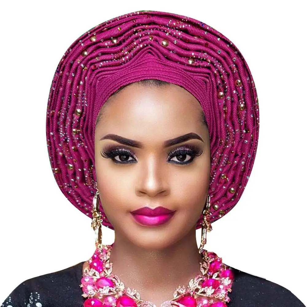 aso oke для aso ebi Африканский головной убор с бисером - Цвет: fushia