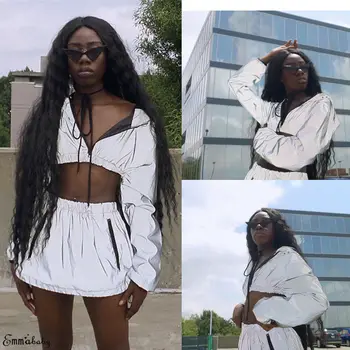 

Sexy Women Zipper Hip Hop Crop Top Skirt Clubwear Tracksuit Casual Bodycon Reflective Long Sleeve Crop Top Skirt Separate Sales