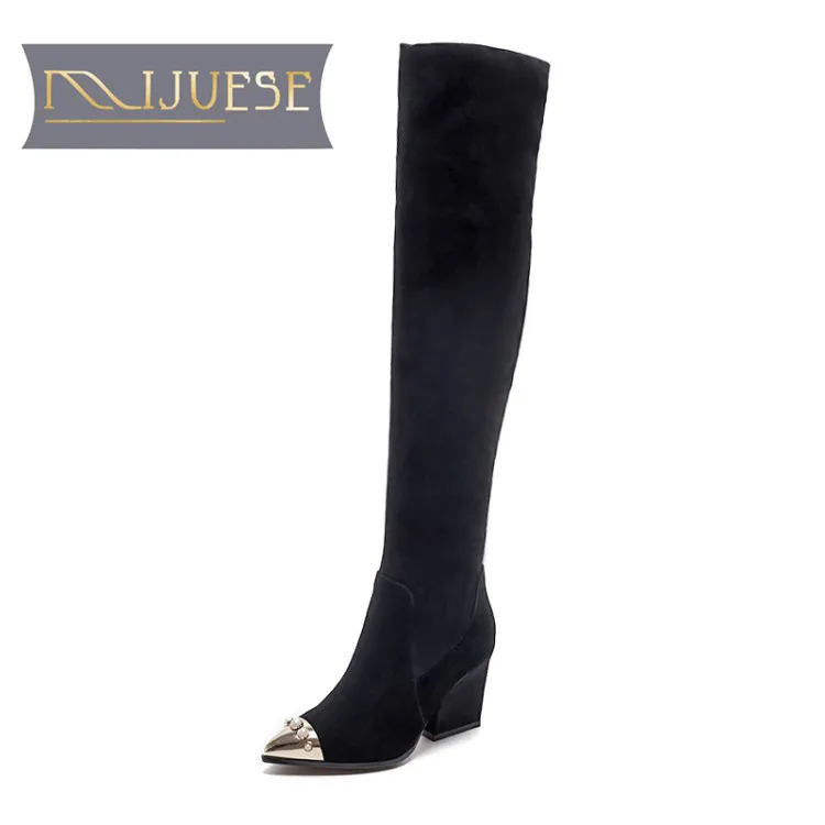 

MLJUESE 2019 women over the knee Kid Suede winter short plush pearls high boots black color square heels high boots size 33-41