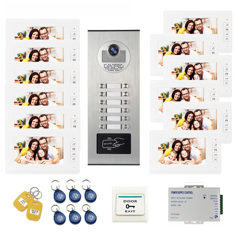 

JEX Video Door Intercom 7 Inch Video Door Phone Video Doorbell System with RFID Access Door Camera For 12 Unit Apartment