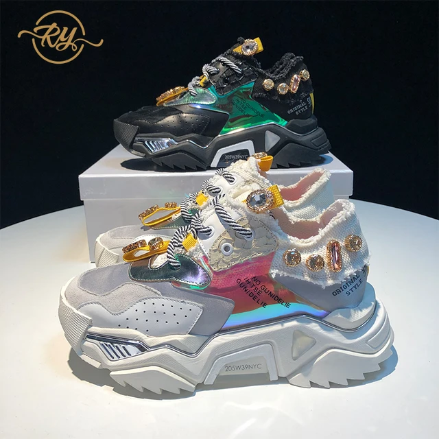US $82.98 RYRELAA women sneakers 2018 luxury shoes women designers Genuine Leather Rhinestone sneakers ins s