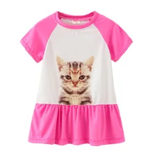 Summer Casual Cat Cartoon Printed Baby Princess Girls Short-Sleeved Dress Rose Red Patchwork Girls Clothes For 2-7 Years Old