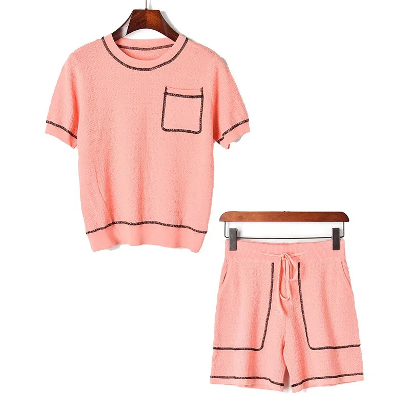 Fashion New 2019 Summer Women's Suits Two pieces Pocket Knitted T-shirt Shorts Feminine Sweet Solid Outfits Pullover Pants Set |