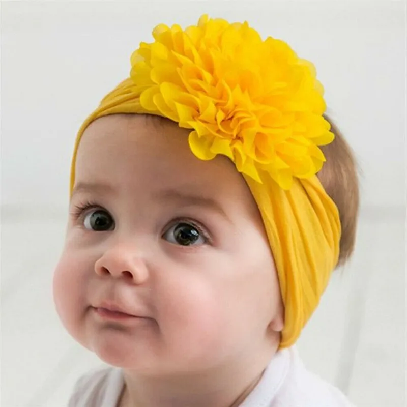 Милый детский тюрбан для малышей, шифоновая повязка на голову с цветком, повязка на голову, однотонный головной убор, аксессуары для волос, желтый, розовый, белый, 13 цветов