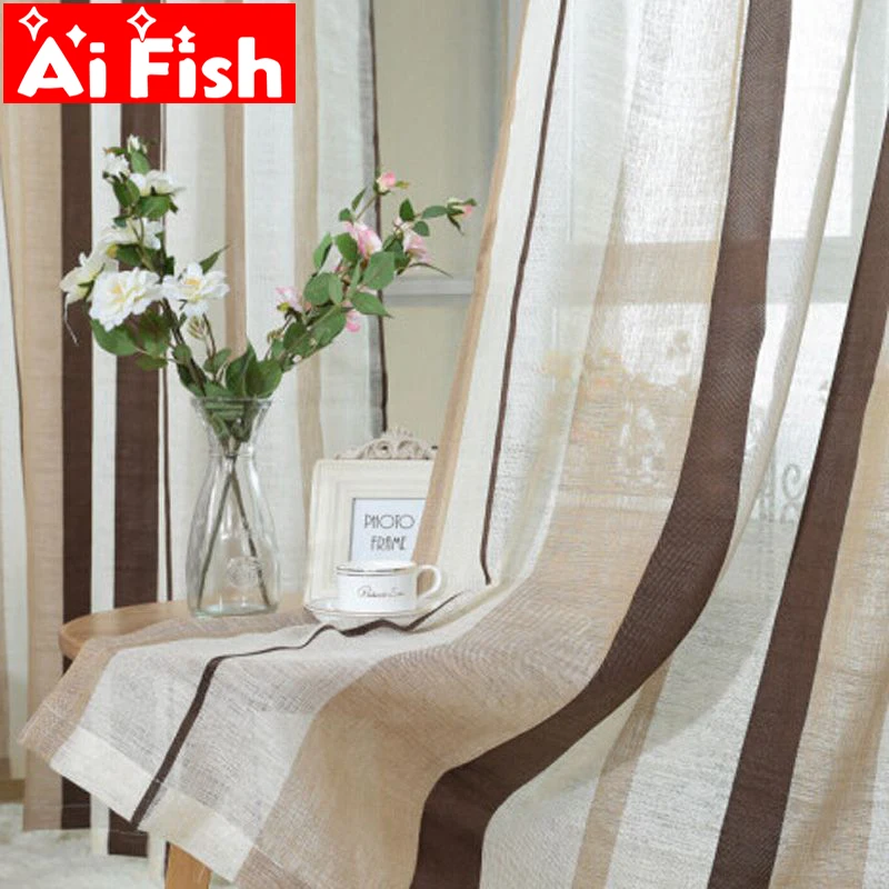 Beste Moderne Korte All Match Vlas Gordijnen Stof Venster Voor Gestreepte Koffie Luxe Tulle Decoratieve Gordijnen Voor Woonkamer AP222   20